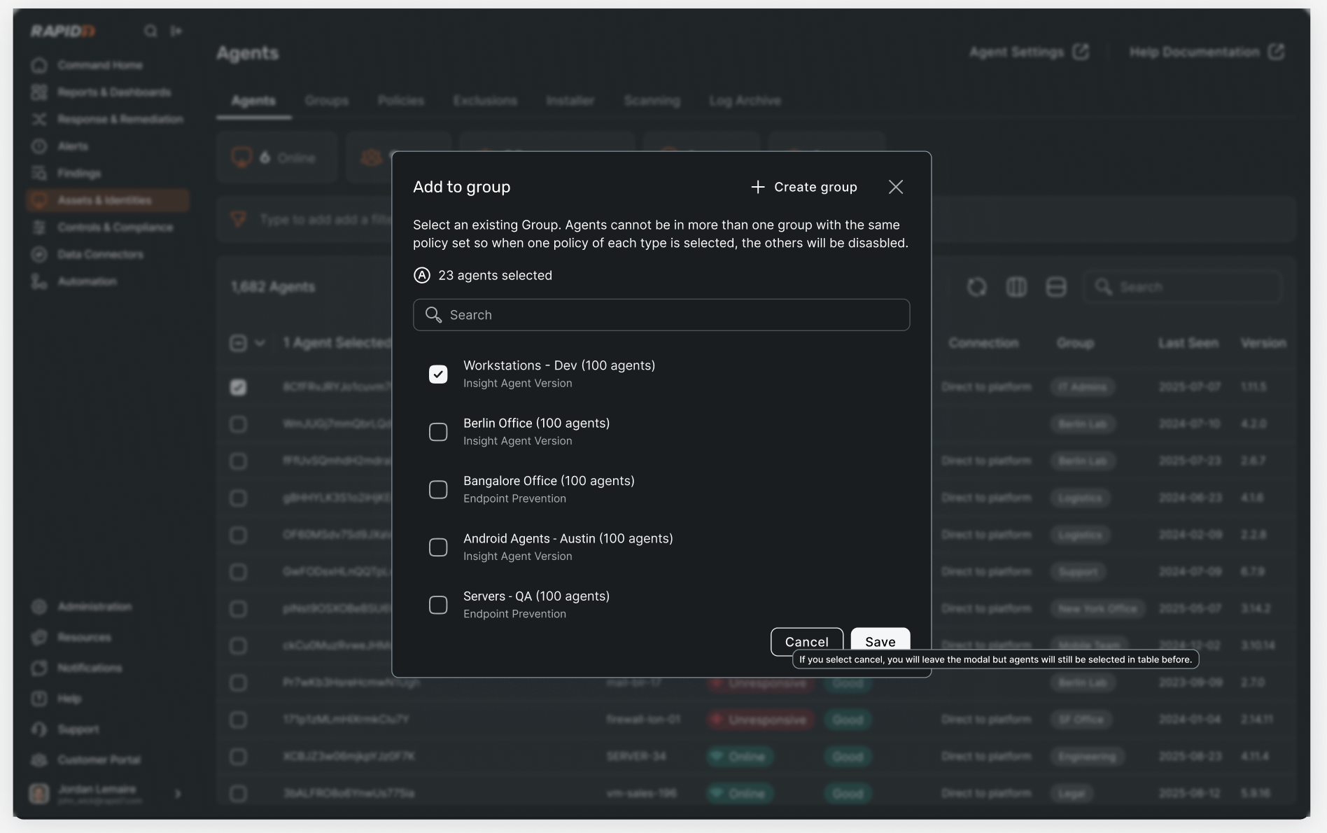Agent groups solution screen